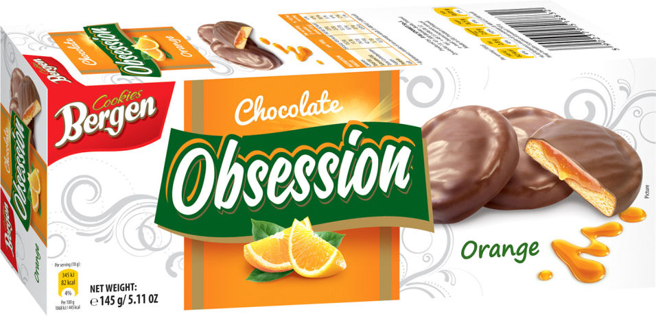 Печенье Bergen Obsession Апельсин покрытое молочным шоколадом 145г