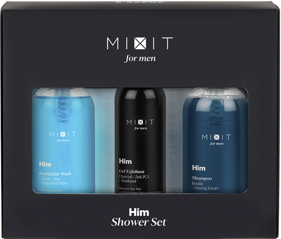 Набор подарочный для мужчин MiXiT Гель для душа и шампунь 250мл Гель-эксфолиант для умывания 150мл и Шампунь для волос 2