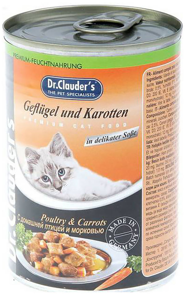 Влажный корм для кошек Dr.Clauders с домашней птицей и морковью 415г (упаковка 12 шт.)