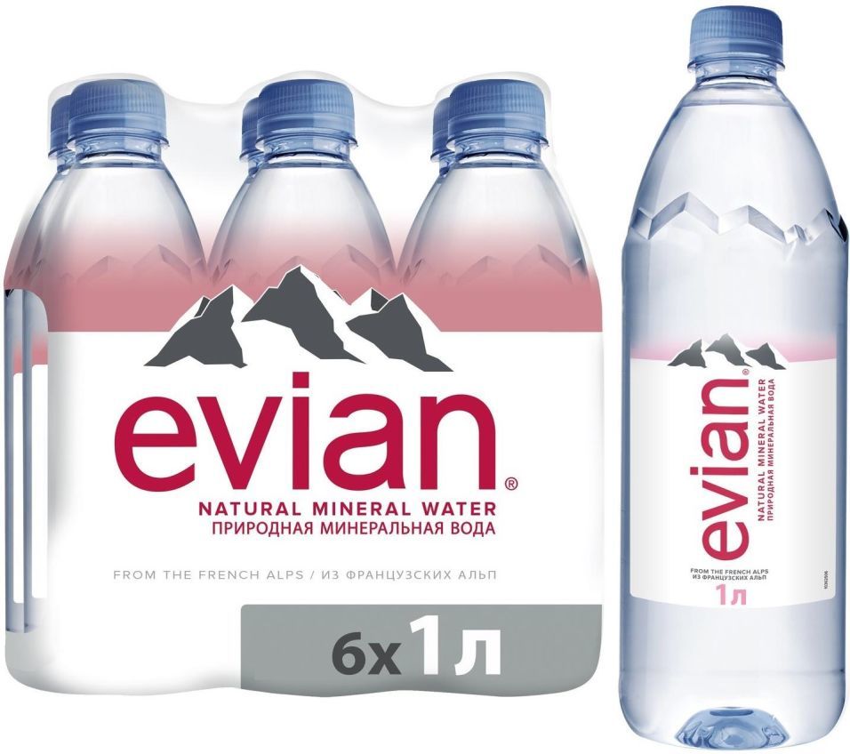 Вода Evian минеральная столовая негазированная 1л (упаковка 6 шт.)
