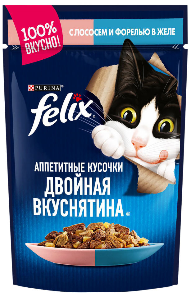 Корм для кошек Felix Двойная вкуснятина с лососем и форелью в желе 85г Корм для кошек Felix Двойная вкуснятина с лососем и форелью в желе 85г